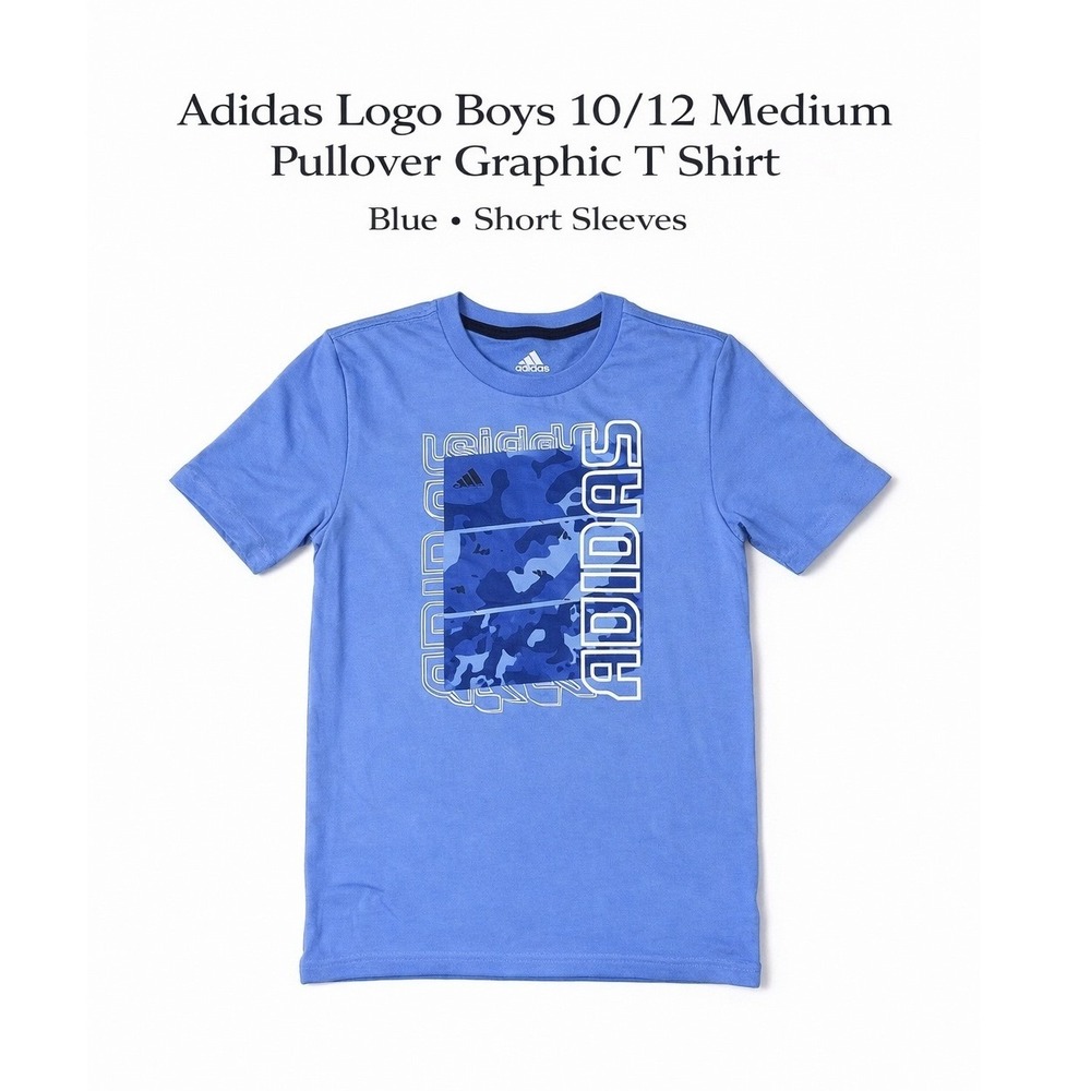 Adidas Boys Graphic T-Shirt Blue Camo Box Logo Short Sleeve Tee Size M 10-12 NWT